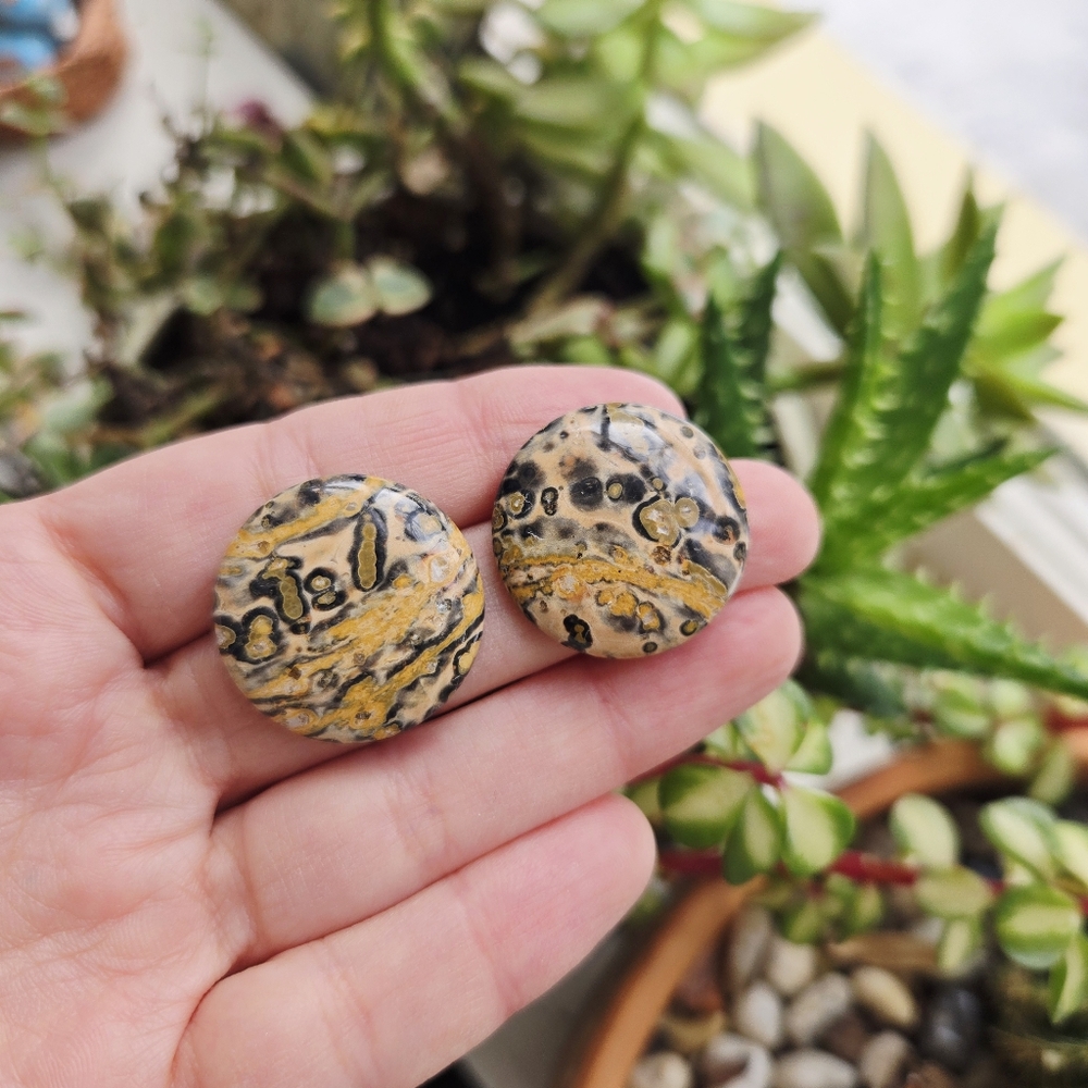 Vintage Leopard Skin Jasper Oversized Studs Chunky Stone Stud Earrings - Picture 6 of 9